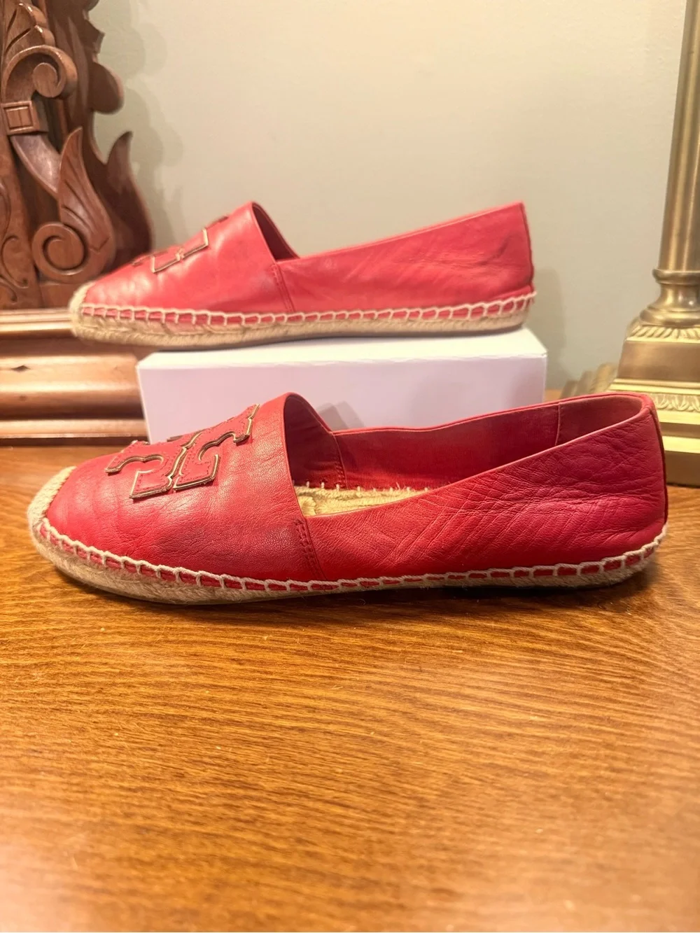 Tory Burch Ines Red Leather Logo Espadrilles Size 8.5